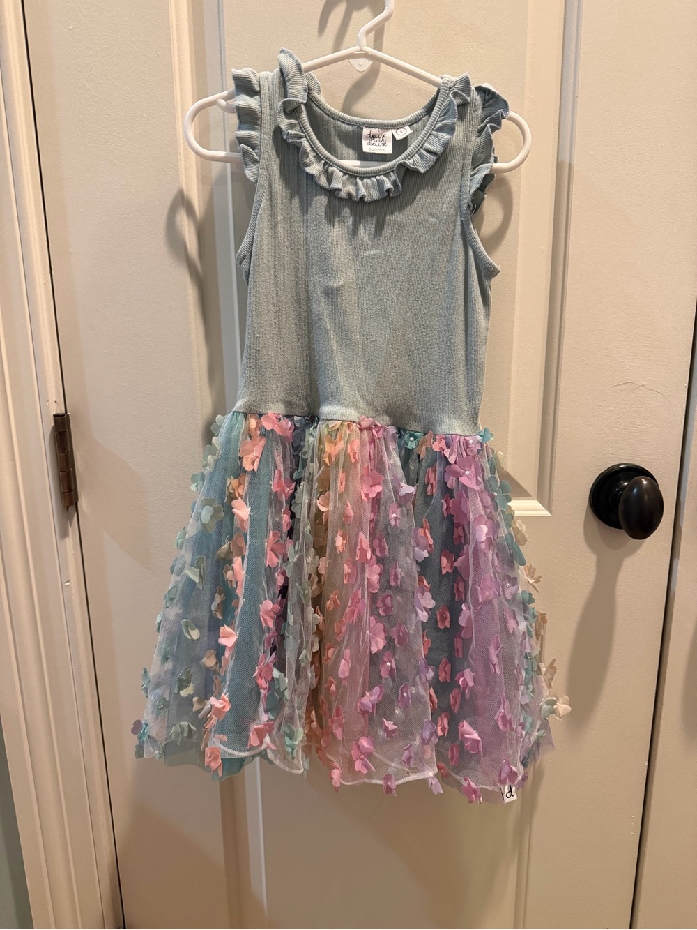 deux par deux Light Blue Knit Bodice Floral Appliqué Tulle Dress